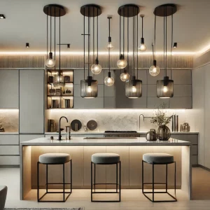 A sleek kitchen with stylish light fixtures, including pendant lights above the island and recessed lighting throughout. The decor is modern with clea