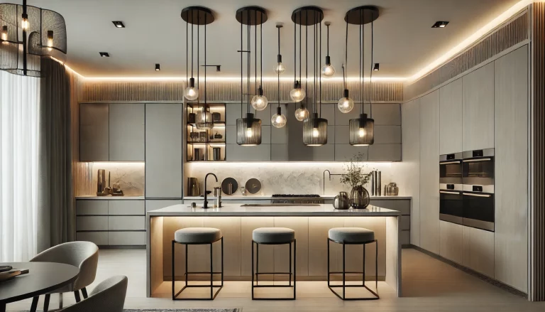 A sleek kitchen with stylish light fixtures, including pendant lights above the island and recessed lighting throughout. The decor is modern with clea