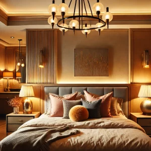 A cozy bedroom with soft, ambient lighting from bedside lamps and a stylish chandelier. The room features a blend of modern and rustic decor with warm