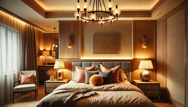 A cozy bedroom with soft, ambient lighting from bedside lamps and a stylish chandelier. The room features a blend of modern and rustic decor with warm