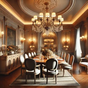 A Classic Dinning Room With A Traditional Chandelier