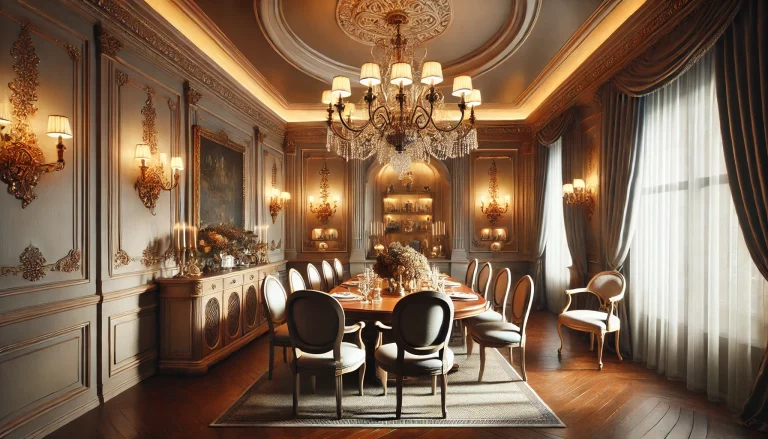 A Classic Dinning Room With A Traditional Chandelier